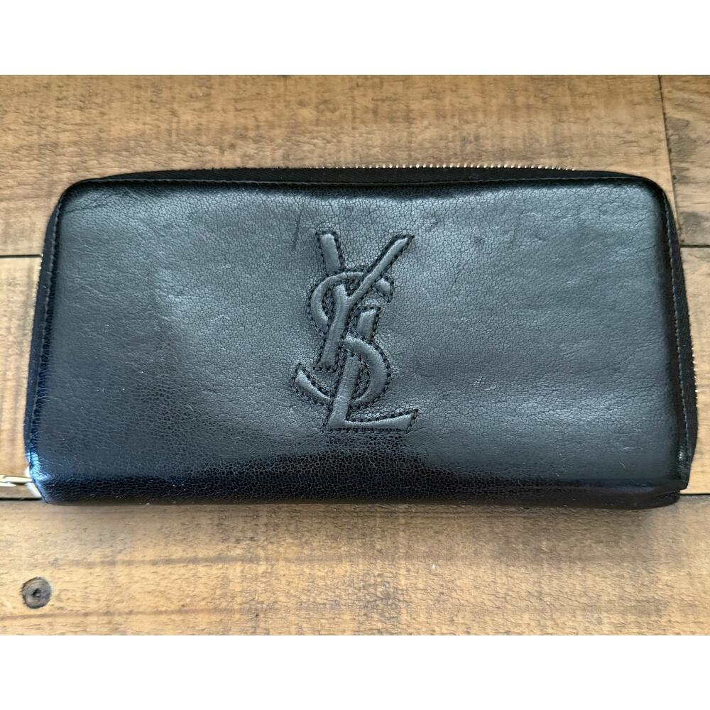 Yves Saint Laurent Wallet Womens Black Leather Zip Around Continental Logo Italy